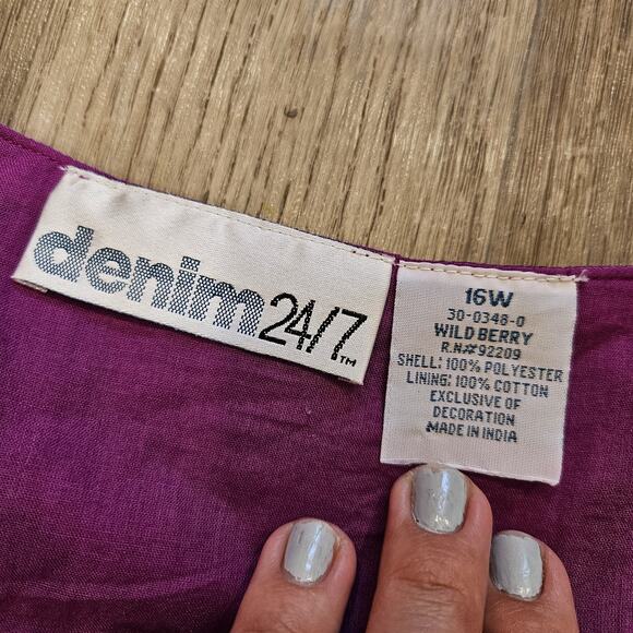 Vtg Denim 24/7 Lace Peasant Blouse Womens 16W Purple Tie Back Boho Prairie Satin - Picture 7 of 9